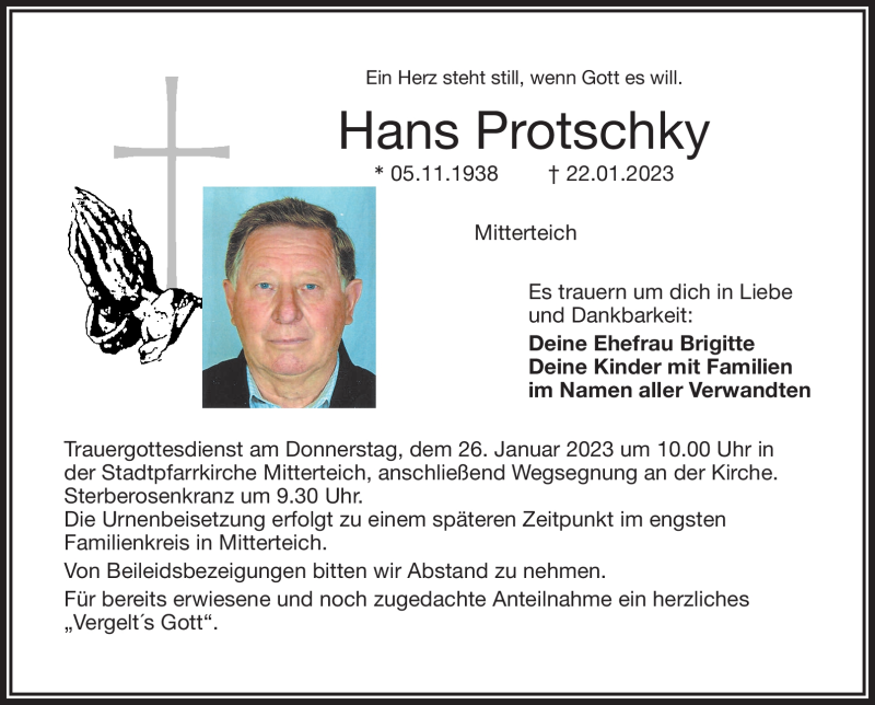  Traueranzeige für Hans Protschky vom 24.01.2023 aus Frankenpost