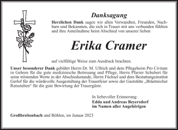 Traueranzeige von Erika Cramer von Südthüringer Presse
