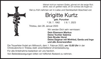 Traueranzeige von Brigitte Kurtz von Frankenpost