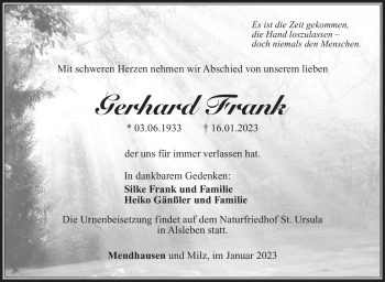Traueranzeige von Gerhard Frank von Südthüringer Presse