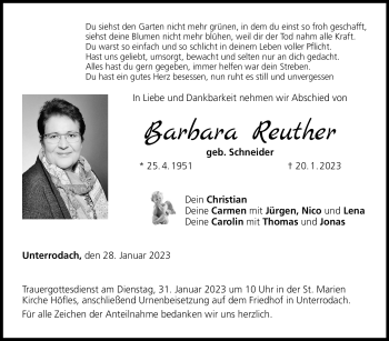Traueranzeige von Barbara Reuther von Neue Presse Coburg
