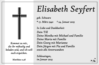 Traueranzeige von ElisabethElisabeth SeyfertSeyfert von Südthüringer Presse