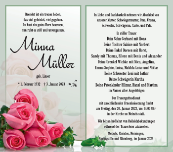 Traueranzeige von Minna Müller von Südthüringer Presse
