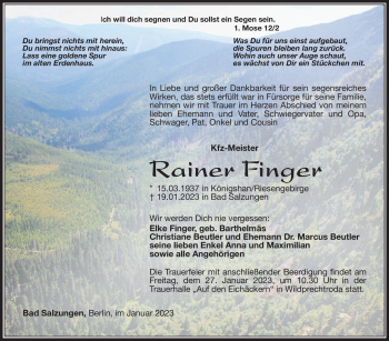 Traueranzeige von Rainer Finger von Südthüringer Presse