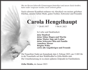 Traueranzeige von Carola Hengelhaupt von Südthüringer Presse