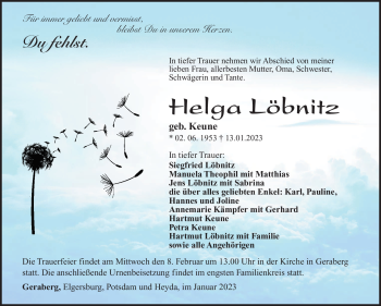 Traueranzeige von Helga Löbnitz von Südthüringer Presse