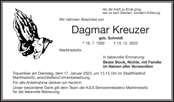 Traueranzeige von Dagmar Kreuzer von Frankenpost