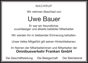 Traueranzeige von Uwe Bauer von Neue Presse Coburg