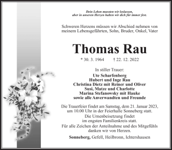 Traueranzeige von Thomas Rau von Südthüringer Presse