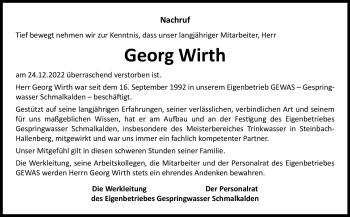 Traueranzeige von Georg Wirth von Südthüringer Presse