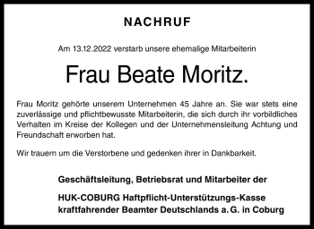 Traueranzeige von Beate Moritz von Neue Presse Coburg