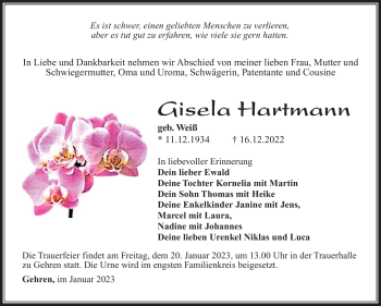 Traueranzeige von Gisela Hartmann von Südthüringer Presse