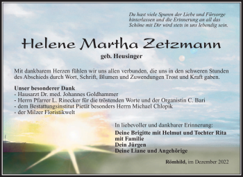 Traueranzeige von Helene Martha Zetzmann von Südthüringer Presse