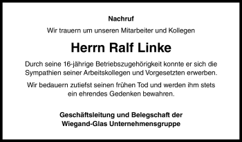 Traueranzeige von Ralf Linke von Neue Presse Coburg