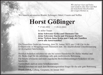 Traueranzeige von Horst Gößinger von Südthüringer Presse