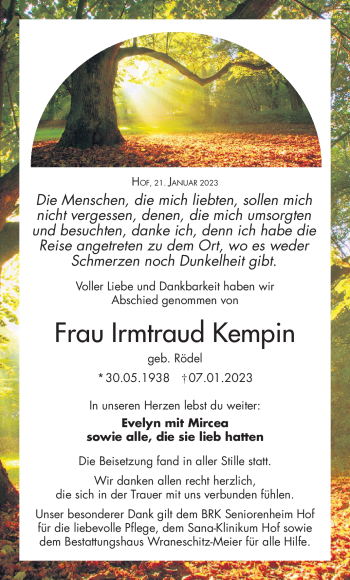 Traueranzeige von Irmtraud Kempin von Frankenpost