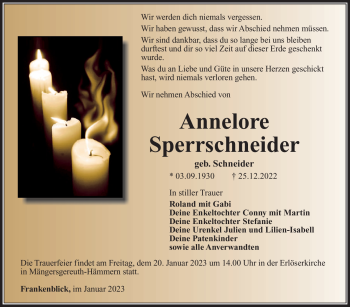 Traueranzeige von Annelore Sperrschneider von Südthüringer Presse