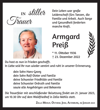 Traueranzeige von Armgard Preiß von Südthüringer Presse