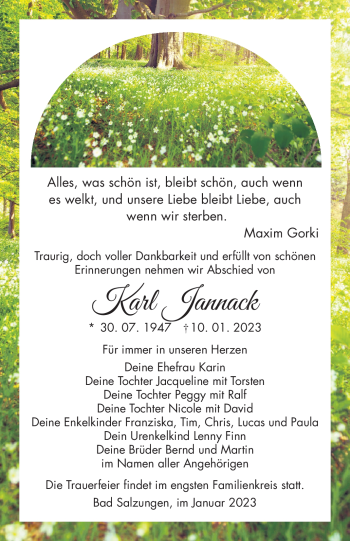 Traueranzeige von Karl Jannack von Südthüringer Presse