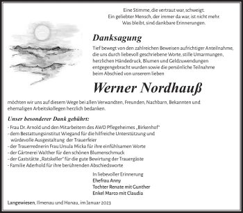 Traueranzeige von Werner Nordhauß von Südthüringer Presse