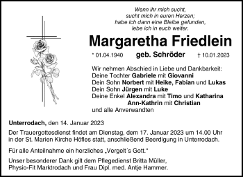 Traueranzeige von Margaretha Friedlein von Neue Presse Coburg