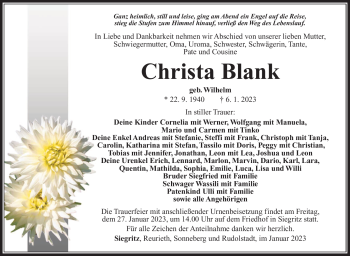 Traueranzeige von Christa Blank von Südthüringer Presse