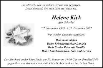 Traueranzeige von Helene Kick von Frankenpost