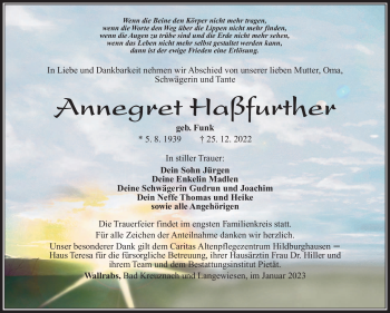 Traueranzeige von Annegret Haßfurther von Südthüringer Presse