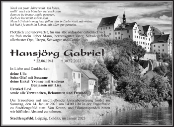 Traueranzeige von Hansjörg Gabriel von Südthüringer Presse