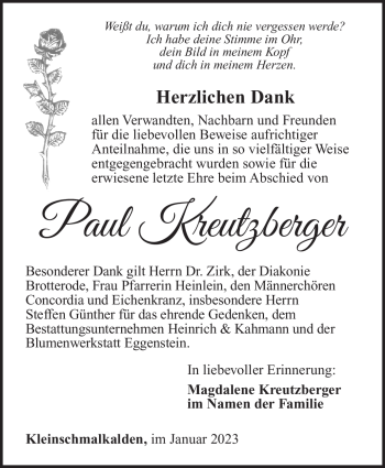 Traueranzeige von Paul Kreutzberger von Südthüringer Presse