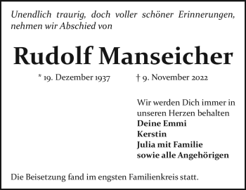 Traueranzeige von Rudolf Manseicher von Frankenpost