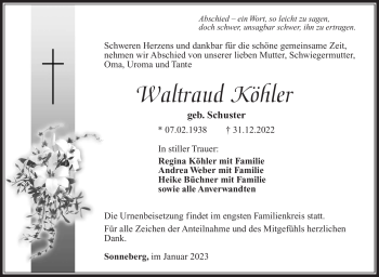 Traueranzeige von Waltraud Köhler von Südthüringer Presse