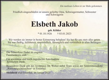 Traueranzeige von Elsbeth Jakob von Südthüringer Presse