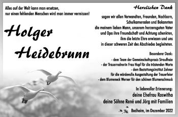 Traueranzeige von Holger Heidebrunn von Südthüringer Presse