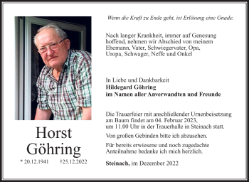 Traueranzeige von Horst Göhring von Südthüringer Presse