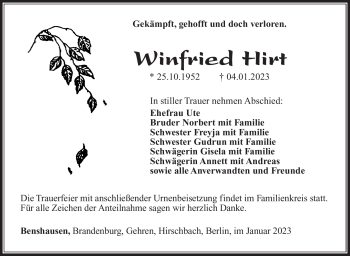 Traueranzeige von Winfried Hirt von Südthüringer Presse
