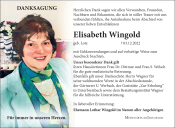 Traueranzeige von Elisabeth Wingold von Südthüringer Presse