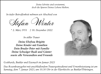 Traueranzeige von Stefan Winter von Südthüringer Presse