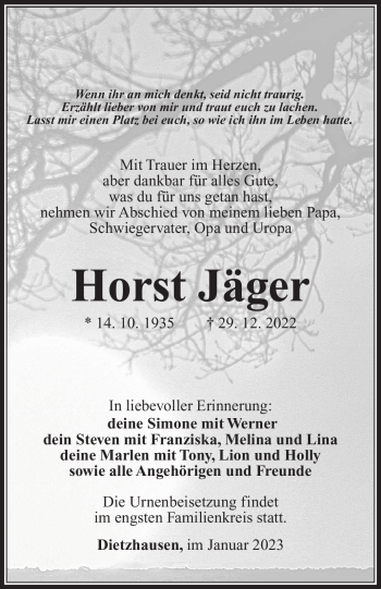 Traueranzeige von Horst Jäger von Südthüringer Presse