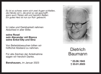 Traueranzeige von Dietrich Baumann von Südthüringer Presse