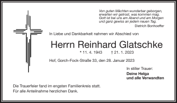 Traueranzeige von Reinhard Glatschke von Frankenpost