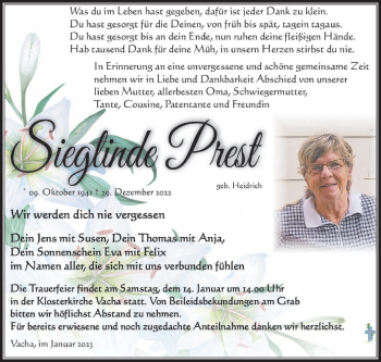 Traueranzeige von Sieglinde Prest von Südthüringer Presse