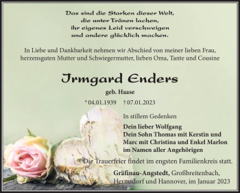 Traueranzeige von Irmgard Enders von Südthüringer Presse