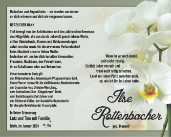 Traueranzeige von Ilse Rottenbacher von Südthüringer Presse