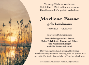 Traueranzeige von Marliese Busse von Südthüringer Presse