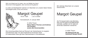Traueranzeige von Margot Geupel von Frankenpost