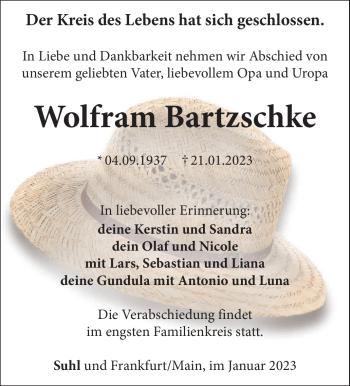 Traueranzeige von Wolfram Bartzschke von Südthüringer Presse