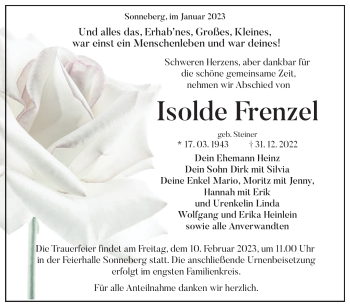 Traueranzeige von Isolde Frenzel von Südthüringer Presse