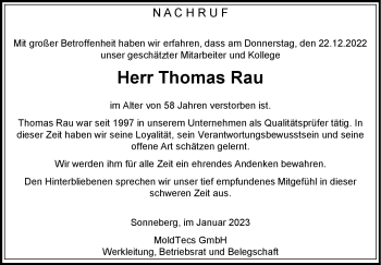 Traueranzeige von Thomas Rau von Südthüringer Presse