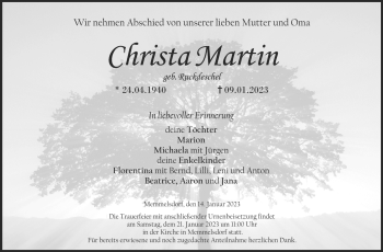 Traueranzeige von Christa Martin von Neue Presse Coburg